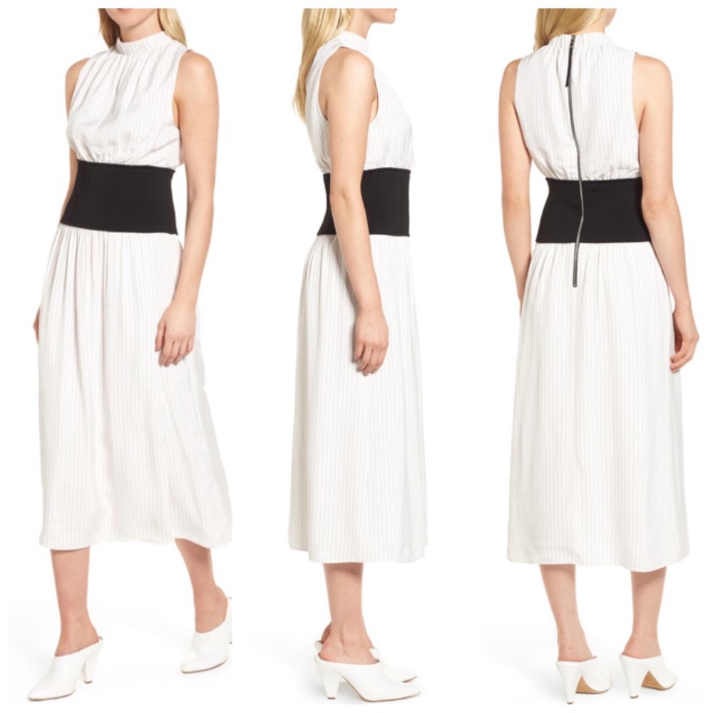 Lewit NWT Knit Inset Pinstripe Sleeveless Cinch Waist Mock Neck Midi Dress